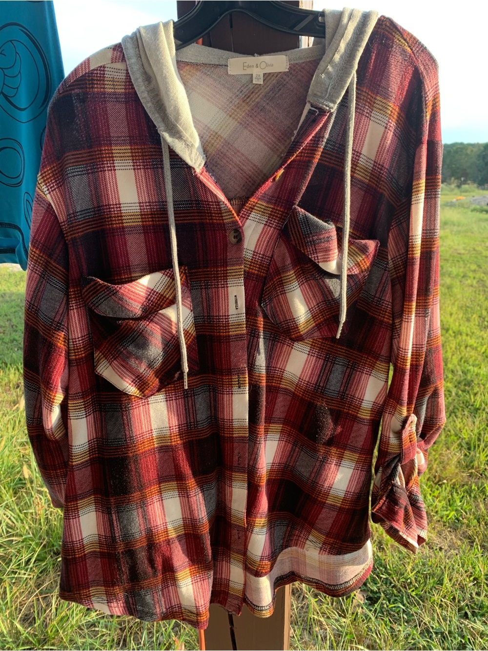Eden & Olivia Burgundy Plaid Hooded Button-Up Shirt